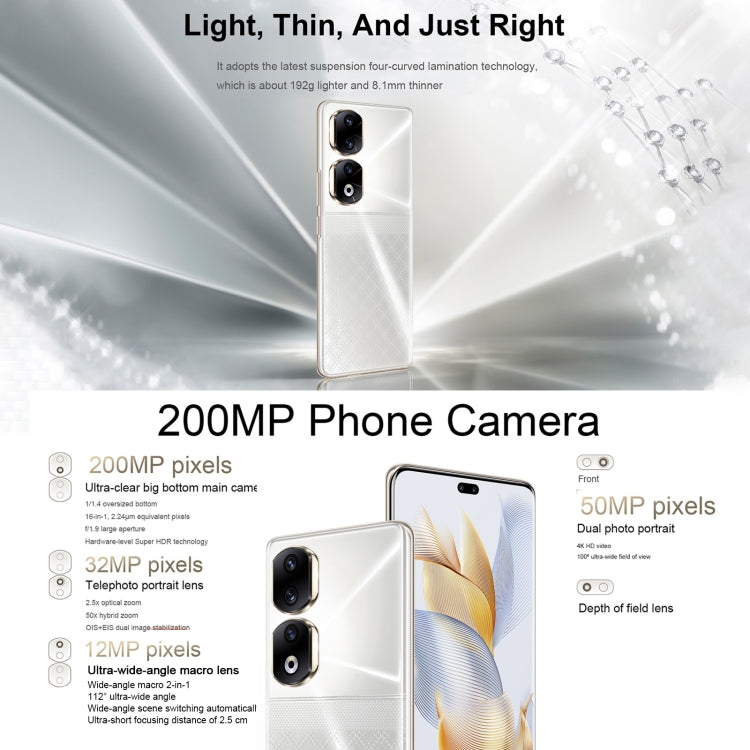 Triple Back Cameras + Dual Front Cameras, Screen Fingerprint Identification, 6.78 inch Magic UI 7.1 Android 13 Qualcomm Snapdragon 8+ Gen 1 Octa Core up to 3.0GHz, Network: 5G, OTG, NFC, Not Support Google Play, Honor 90 Pro 5G 12GB+256GB Triple Back Cameras + Dual Front Cameras, Screen Fingerprint Identification, 6.78 inch Magic UI 7.1 Android 13 Qualcomm Snapdragon 8+ Gen 1 Octa Core up to 3.0GHz, Network: 5G, OTG, NFC, Not Support Google Play, Honor 90 Pro 5G 12GB+256GB